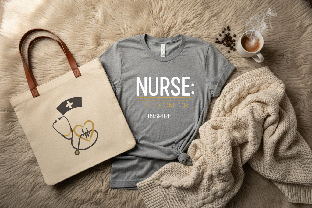 Compassion & Coffee nurse bundle flat lay with tee, tote bag, and blanket