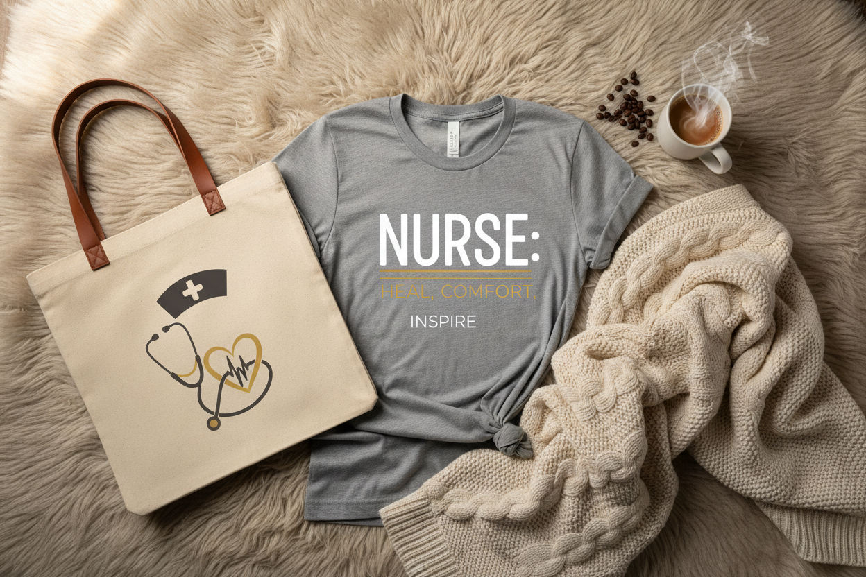 Compassion & Coffee nurse bundle flat lay with tee, tote bag, and blanket