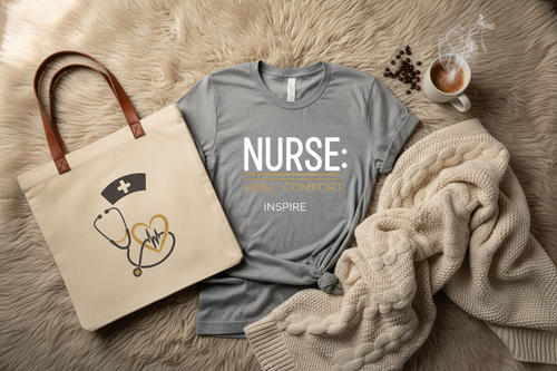 Compassion & Coffee nurse bundle flat lay with tee, tote bag, and blanket