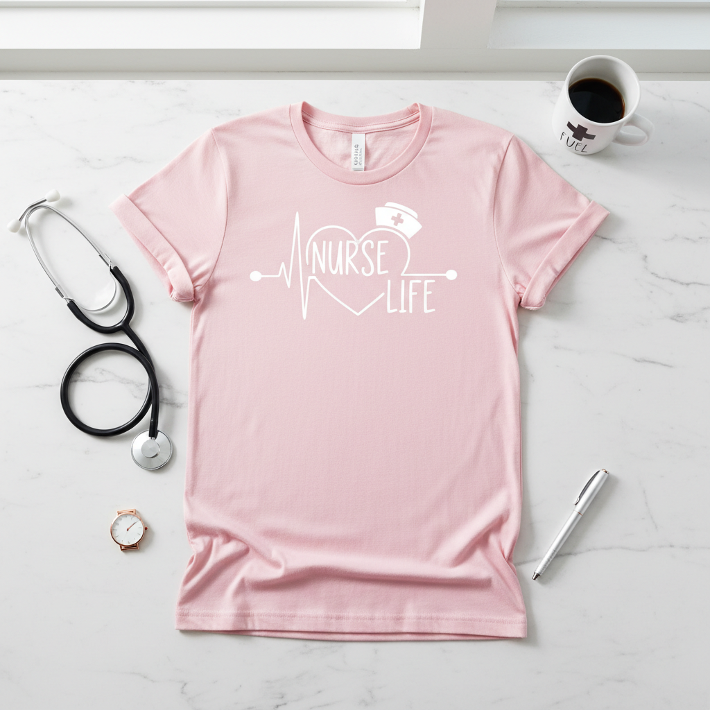 Light pink nurse t-shirt flat lay with stethoscope and coffee