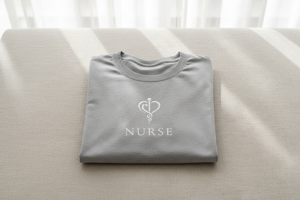 Shift Ready premium nurse t-shirt flat lay on neutral background