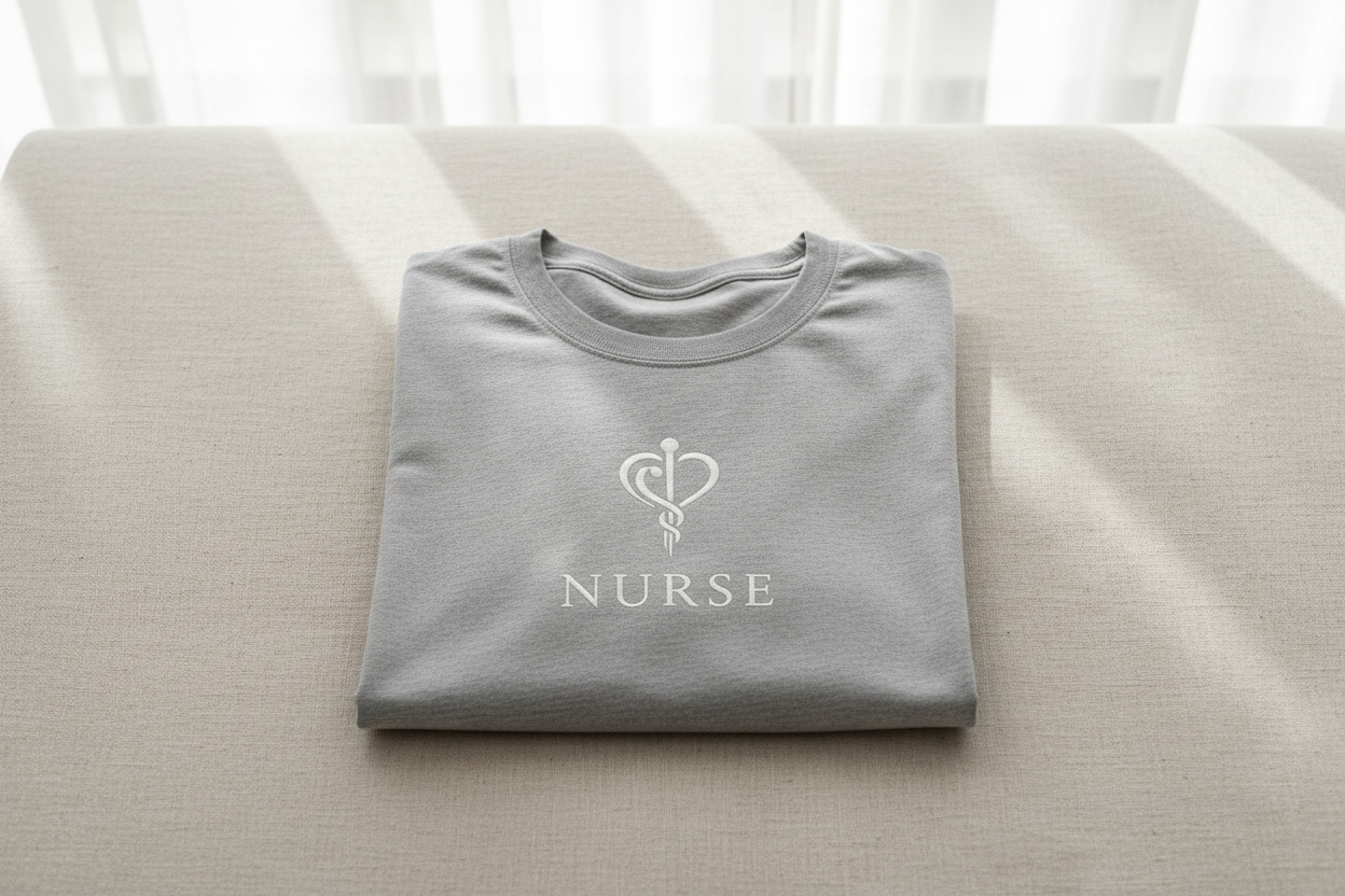 Shift Ready premium nurse t-shirt flat lay on neutral background