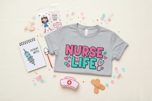 Scrub Squad Plus nurse bundle flat lay with tee and nurse accessories