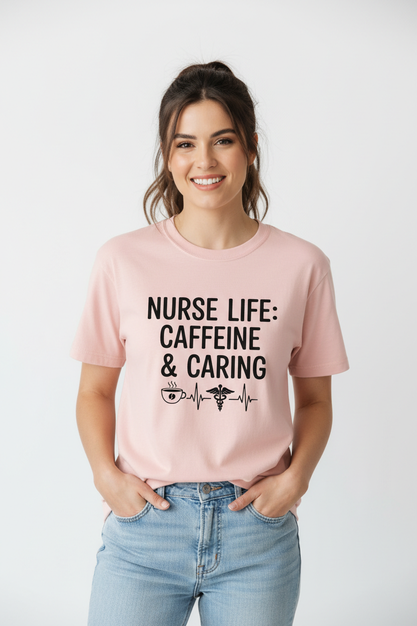 Nurse wearing light pink graphic t-shirt lifestyle photo