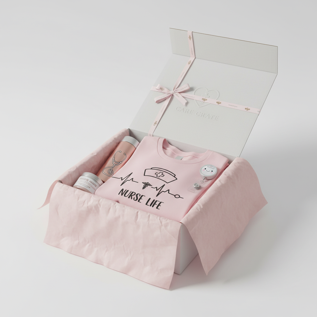 Recharge Nurse Box subscription box unboxing with pink t-shirt
